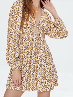 Forever 21 Floral Mini Dress with Yellow & Brown Floral Print size small